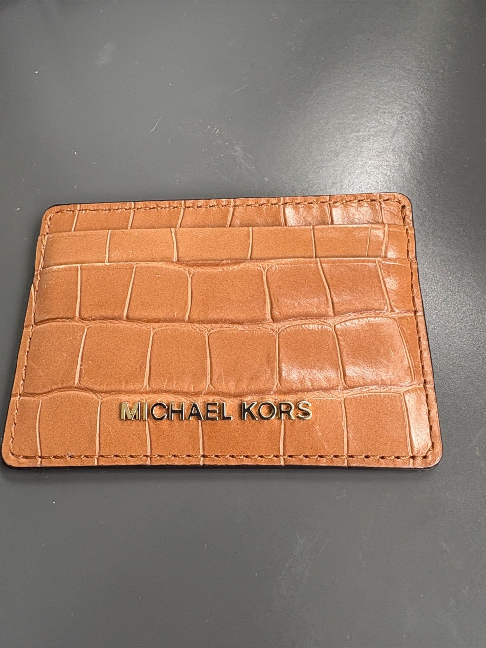 Michael Kors Brown Croc-Embossed Leather Card Sleeve with Gold Logo